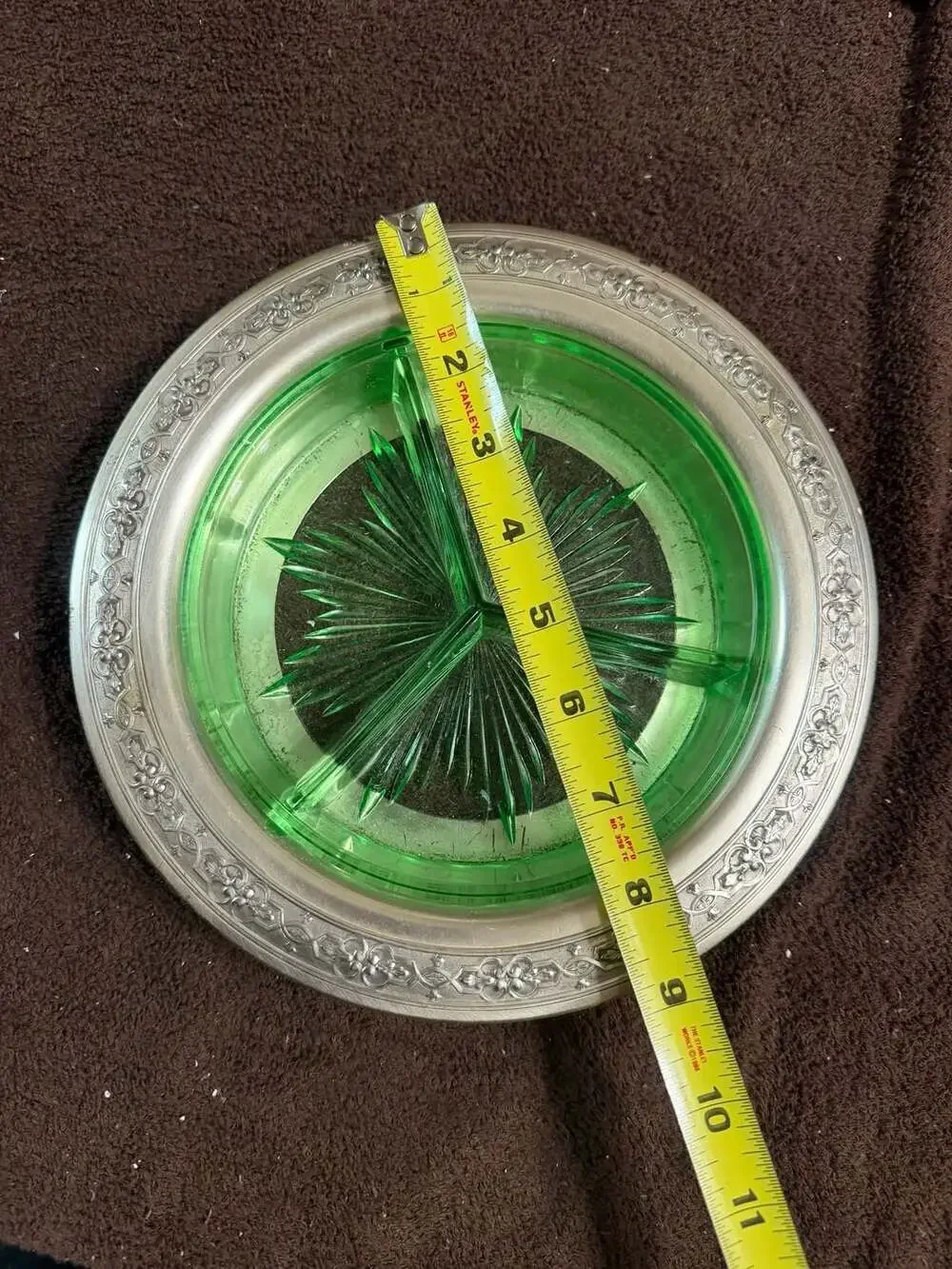 Rare Vintage 2-Piece Uranium Glass Dish with Benedict Indestructo Metal Caddy